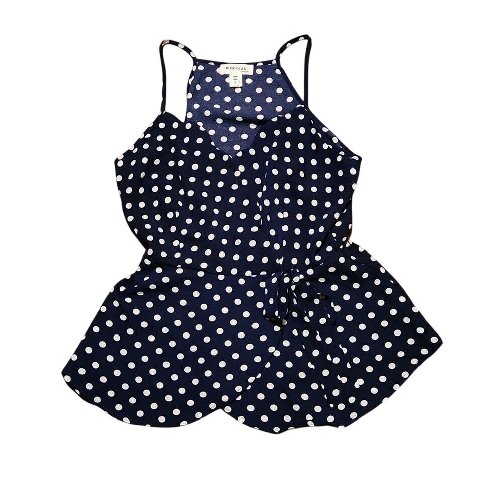 Monteau Los Angeles women's size small  spaghetti strap navy polka dot top